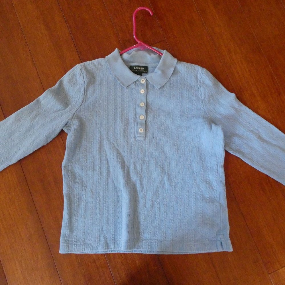 A blue Ralph Lauren long sleeved collard shirt